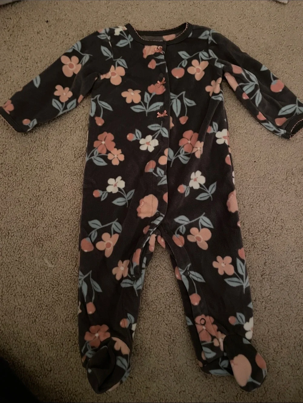 Carter's Black Footed Fleece One-Piece with Pink and White Floral Print